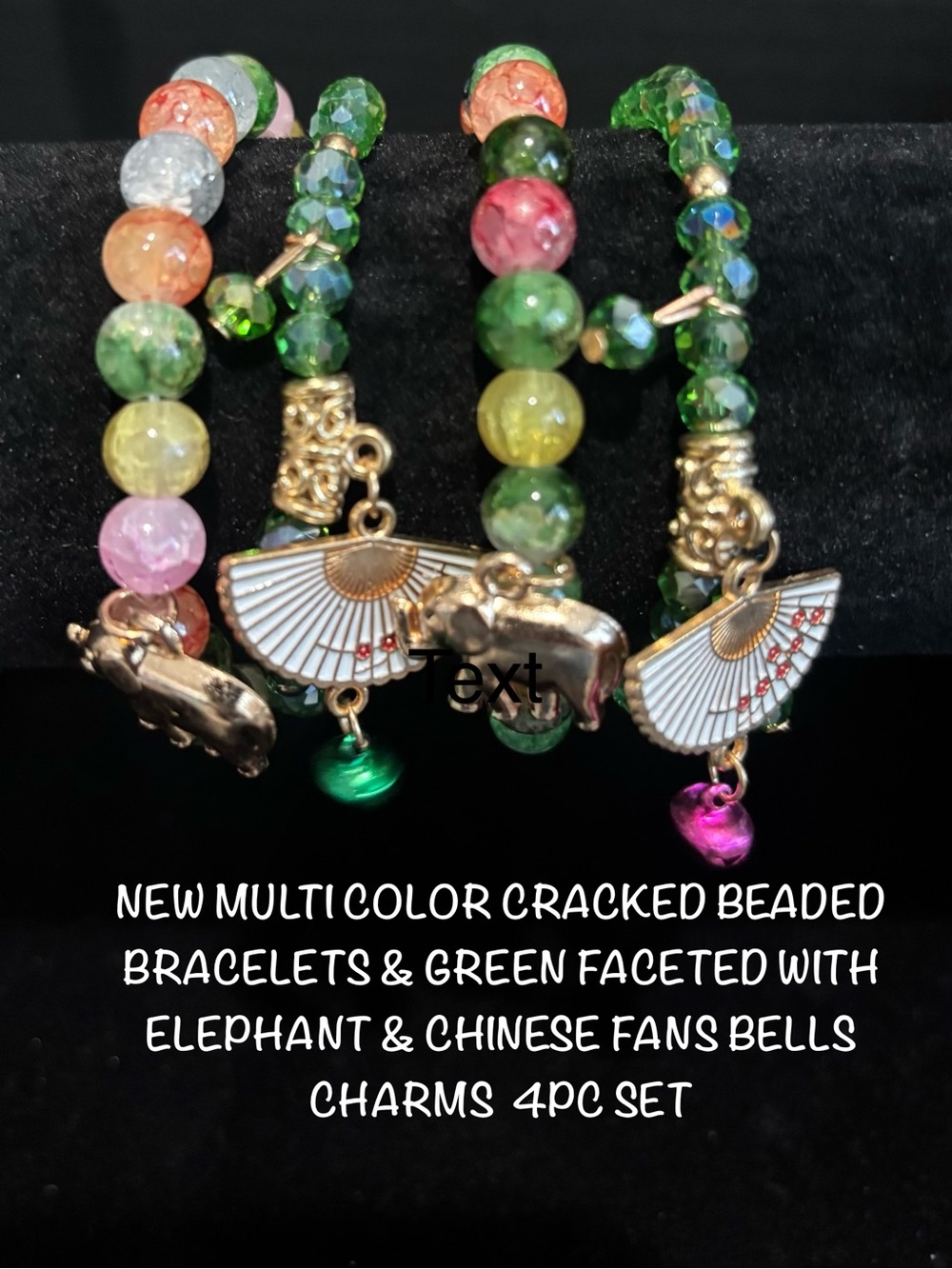 Multicolor Cracked Beaded Bracelet W/Gold Elephant & Fan Charms - 4PC Set